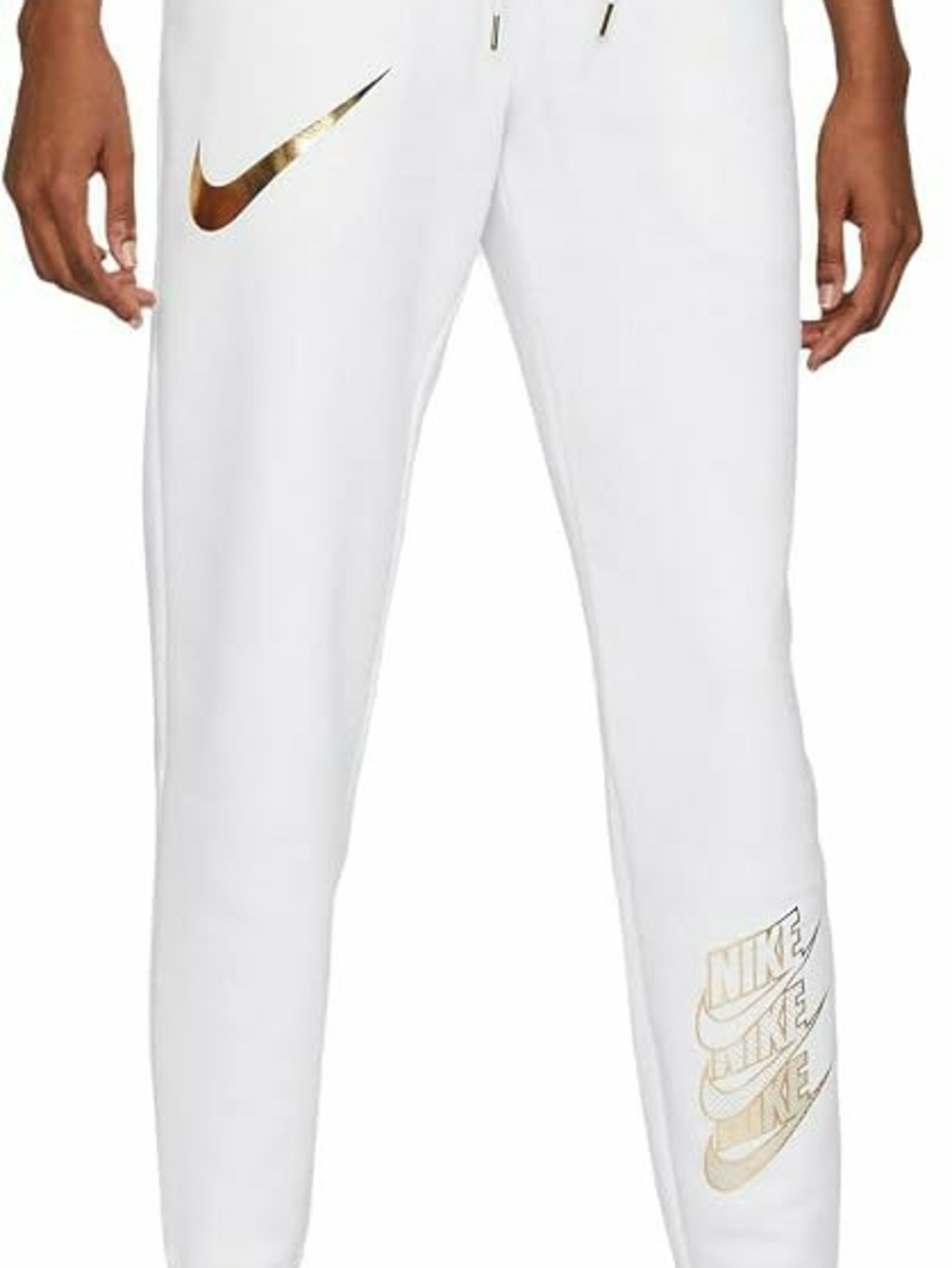 Nike White Joggers with Metallic Gold Swoosh and Stacked Logo